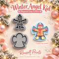 Winter Angel Kid Physical Clay Cutters 2-Piece Set by Roussell Prints – winter child figure cutter and angel wing background cutter with finished clay example of a kid in orange coat making a snow angel