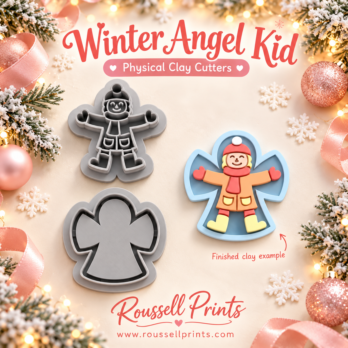 Winter Angel Kid Physical Clay Cutters 2-Piece Set by Roussell Prints – winter child figure cutter and angel wing background cutter with finished clay example of a kid in orange coat making a snow angel
