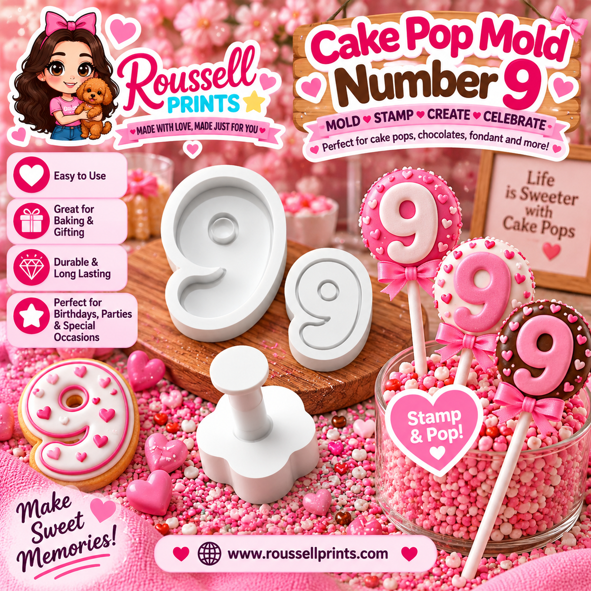 Number 9 cake pop mold and stamp with decorated number 9 treats, shown with Roussell Prints branding