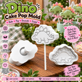 Stegosaurus cake pop mold and stamp with decorated dinosaur treats, shown with Roussell Prints branding