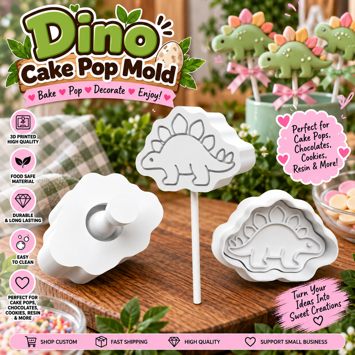 Stegosaurus cake pop mold and stamp with decorated dinosaur treats, shown with Roussell Prints branding