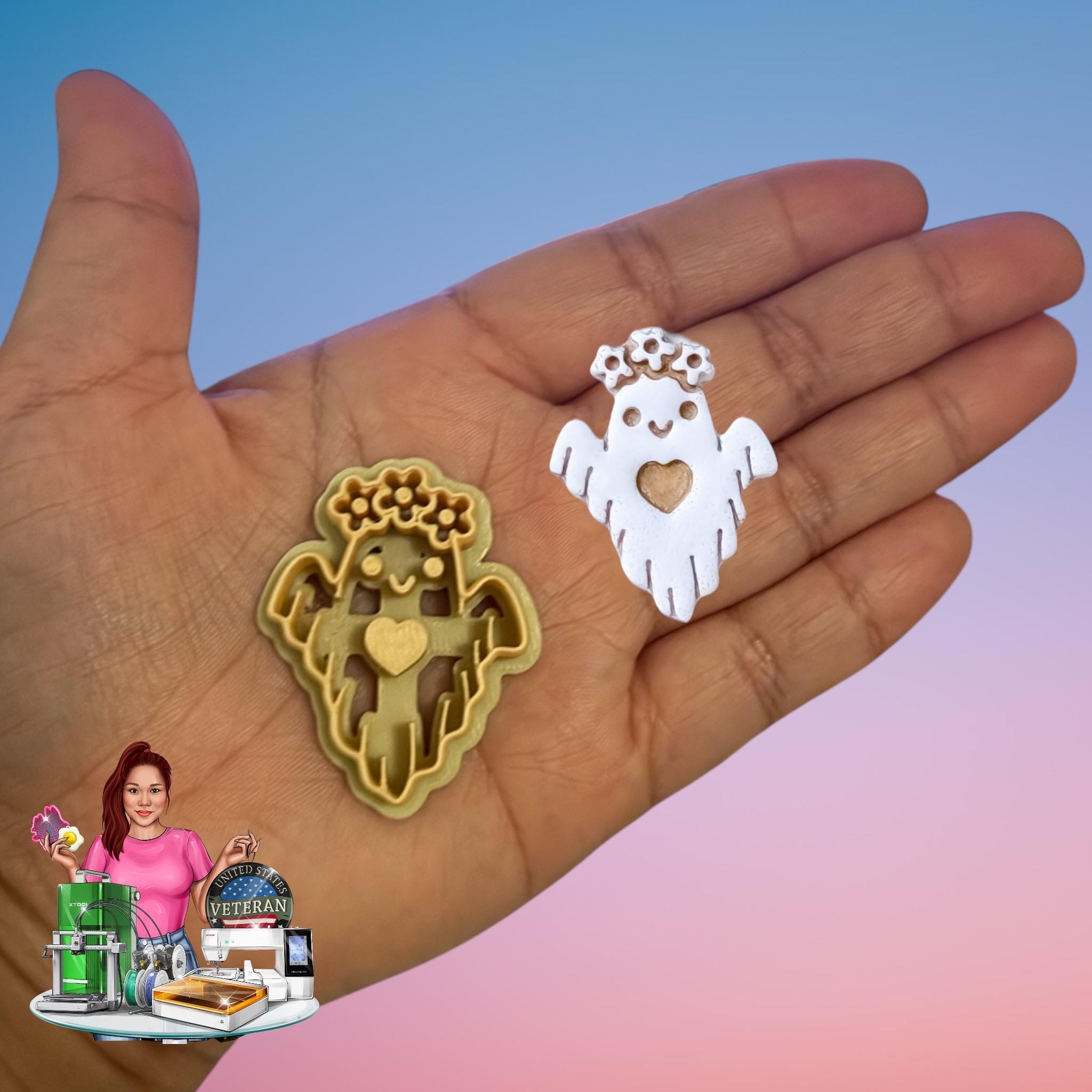 Floral Ghost with heart Clay Earring Cutters Polymer Clay cutter