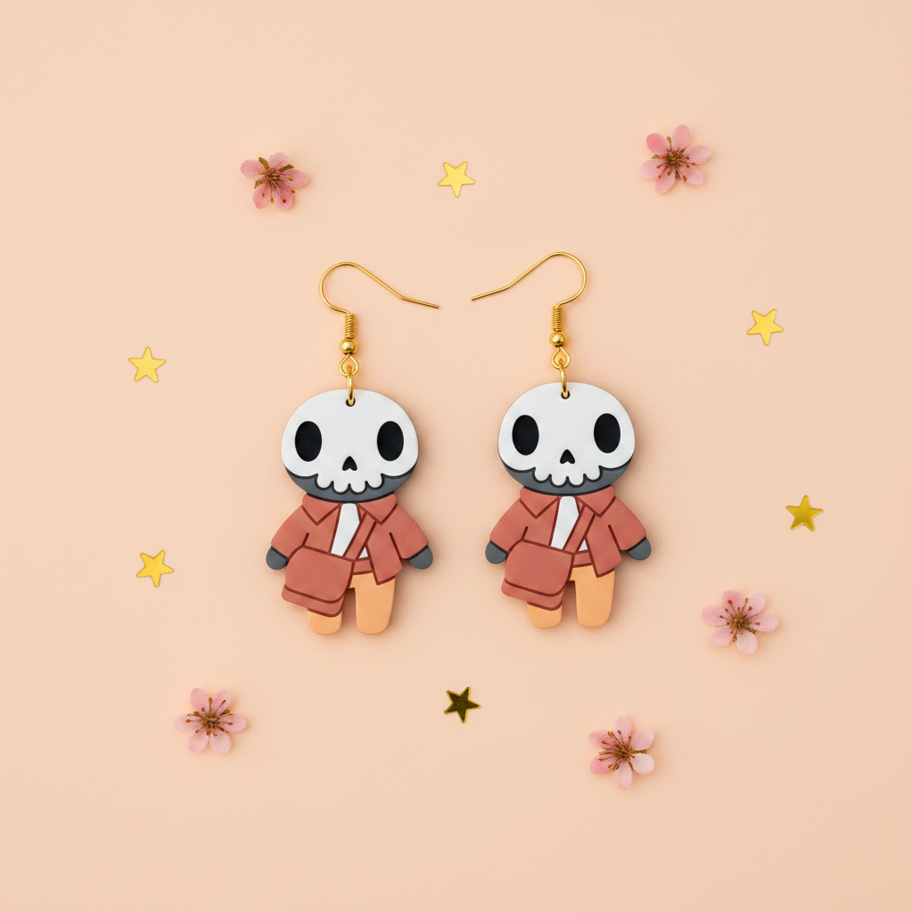 Finished polymer clay skeleton businessman earrings on peach background