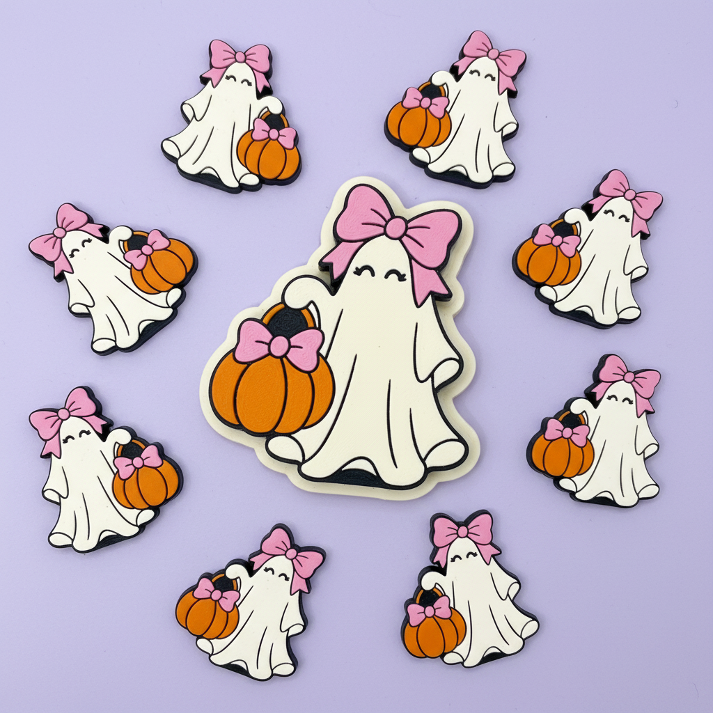 Ghost girl with bow and pumpkin clay cutter with finished polymer clay charms on purple background