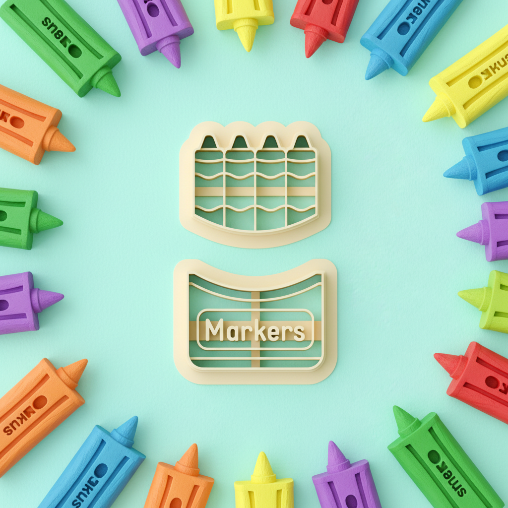 Crayon and markers clay cutter set with colorful finished polymer clay charms on mint background