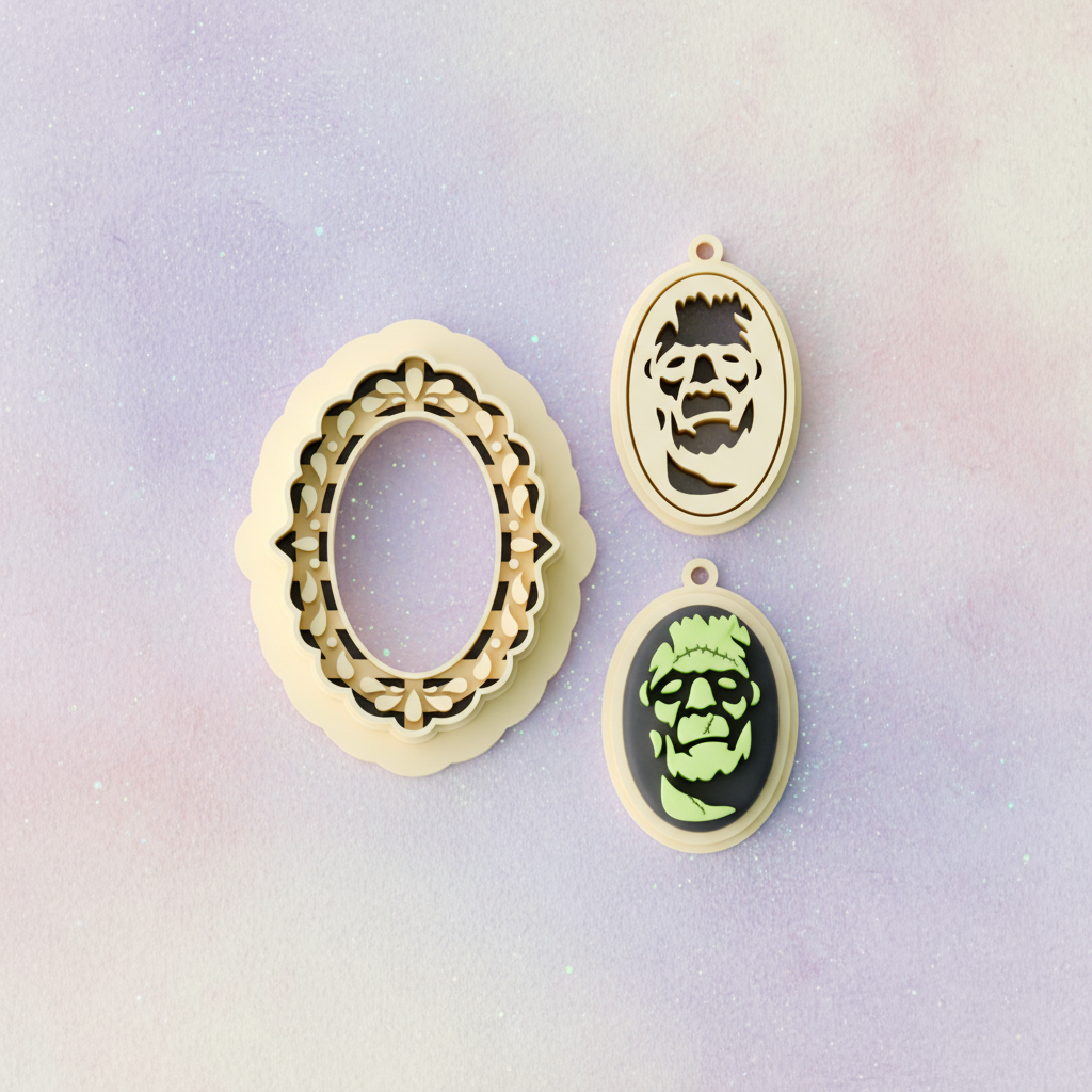 Frankenstein and cameo frame clay cutters with finished polymer clay charms