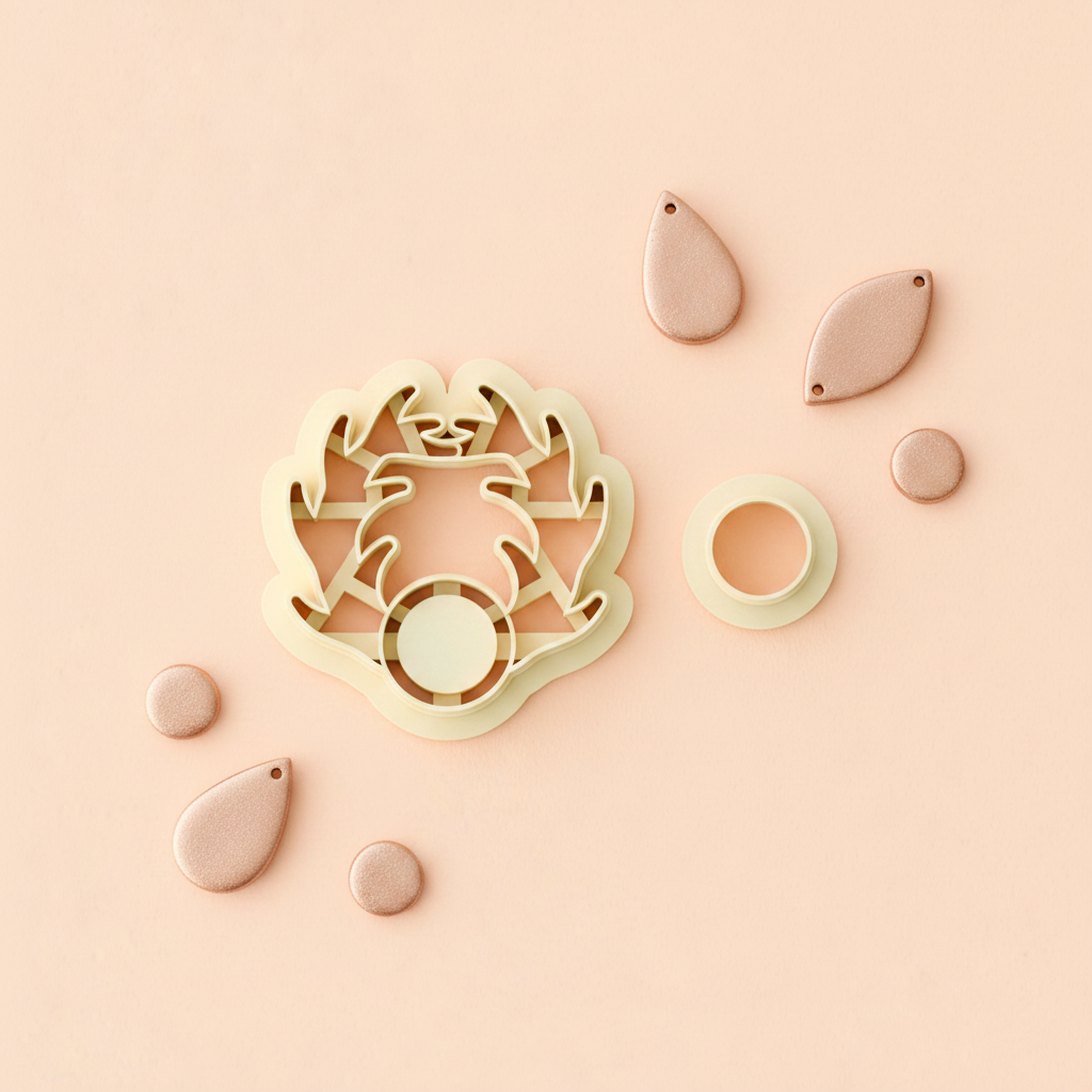 Antler drop earring with gemstone Style C clay cutter set with finished charms on peach background