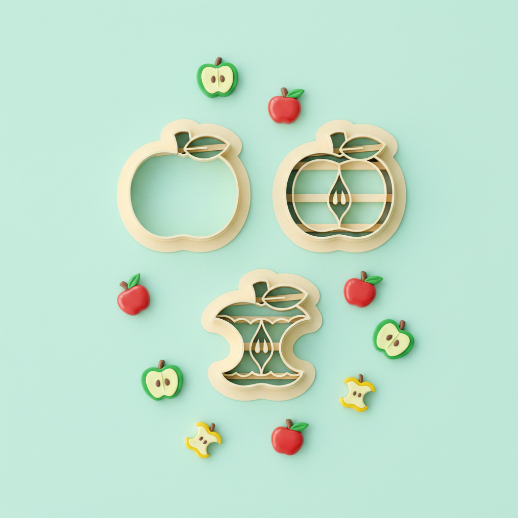 Apple clay cutter set with finished polymer clay apple charms on mint background