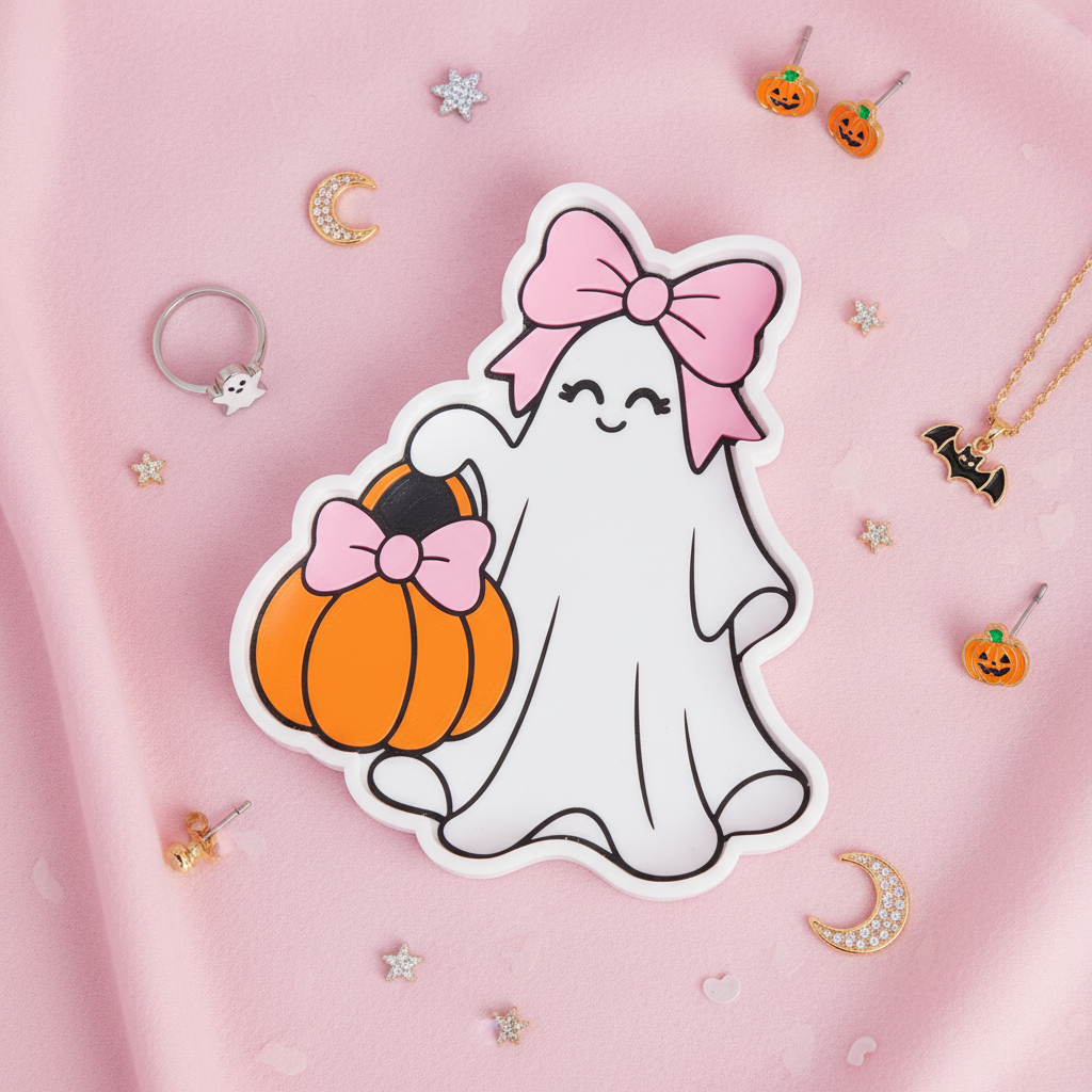 Ghost girl trinket tray with jewelry and accessories on pink background