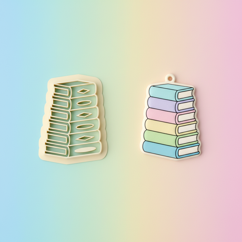 Stack of books clay cutter with colorful finished polymer clay book charms