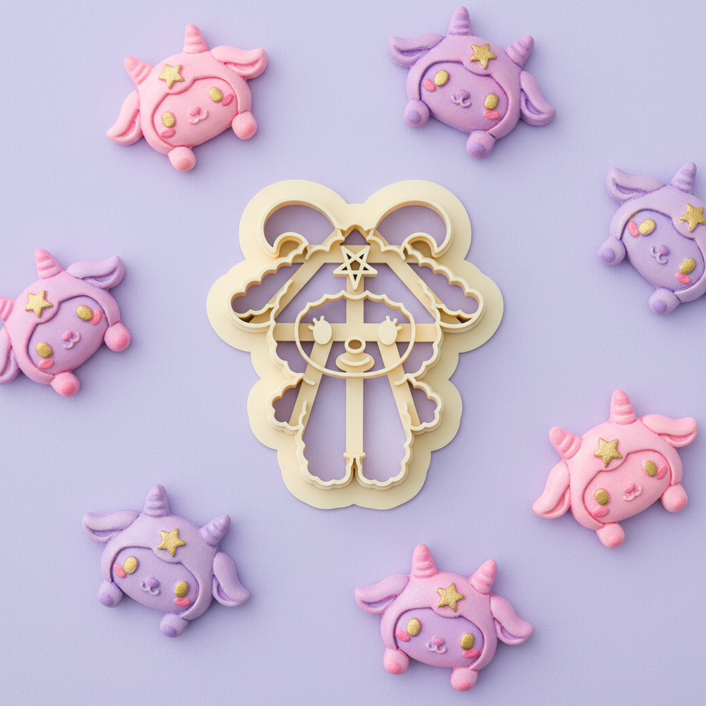 Kawaii demon ram clay cutter with colorful finished polymer clay charms on lavender background