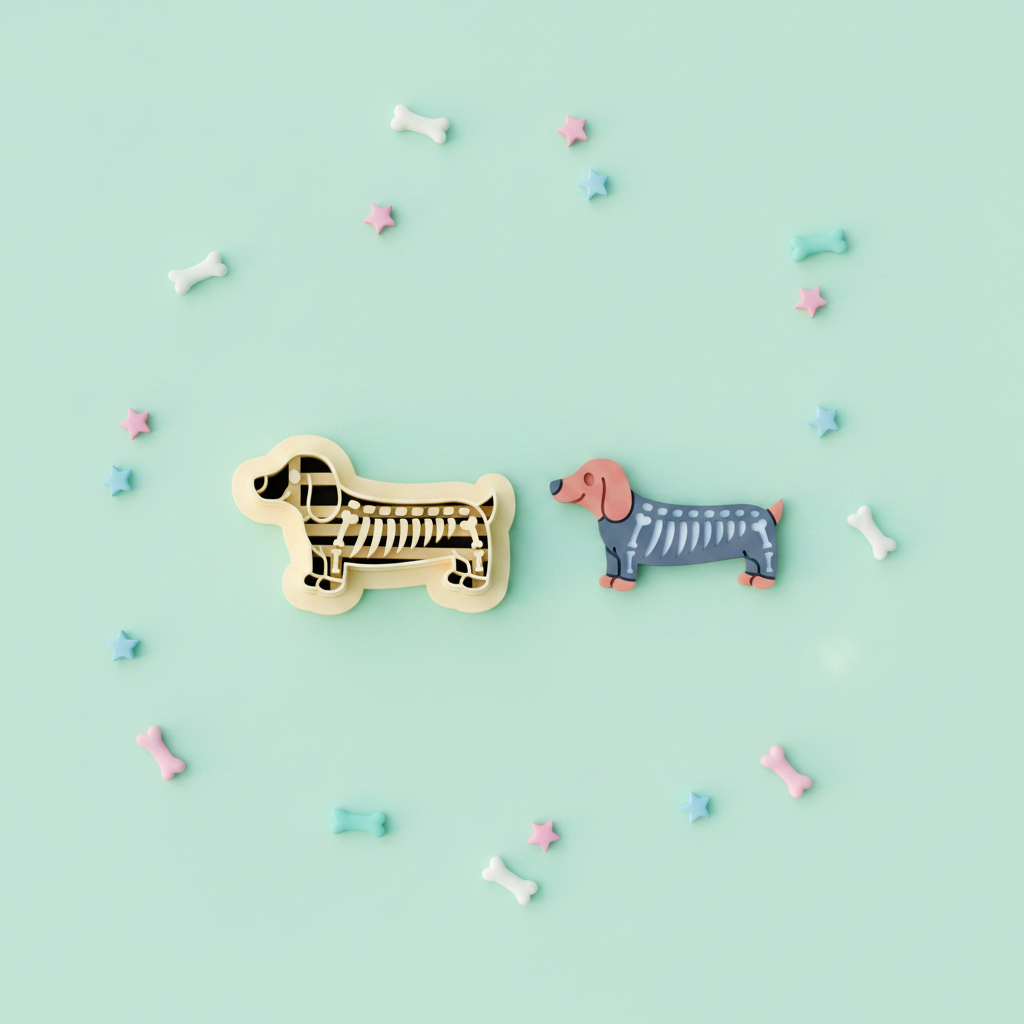 Skeleton dachshund clay cutter with finished polymer clay charm on mint green background