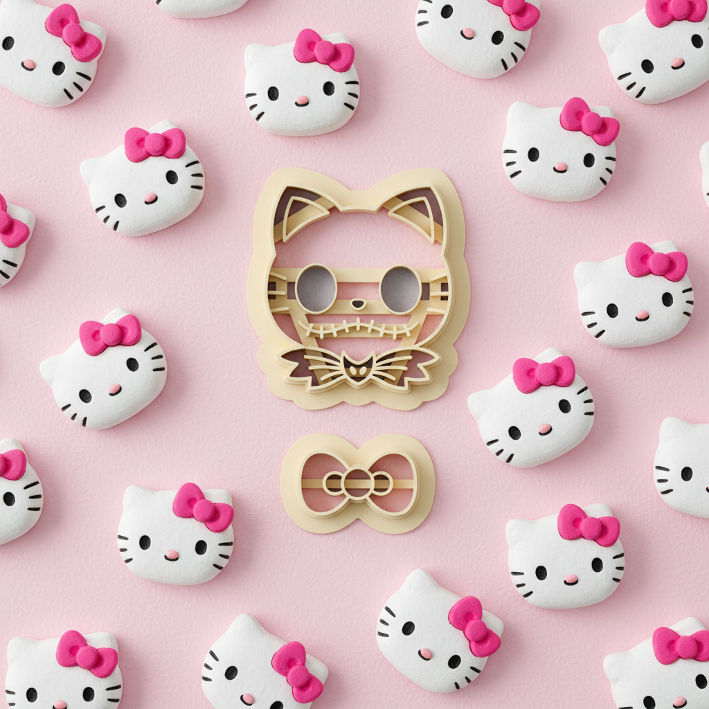 Skeleton kitty clay cutter set with colorful finished polymer clay charms on pink background