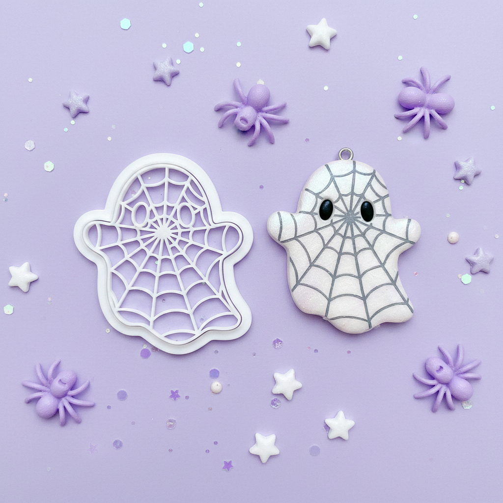 Spiderweb ghost clay cutter with finished polymer clay charm on pastel lavender kawaii background
