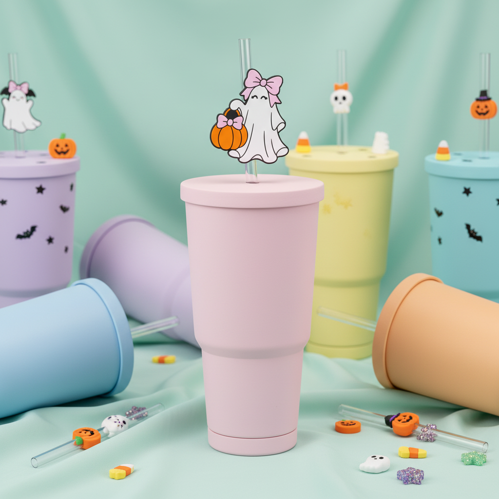 Ghost girl straw topper on tumbler cup with mint background