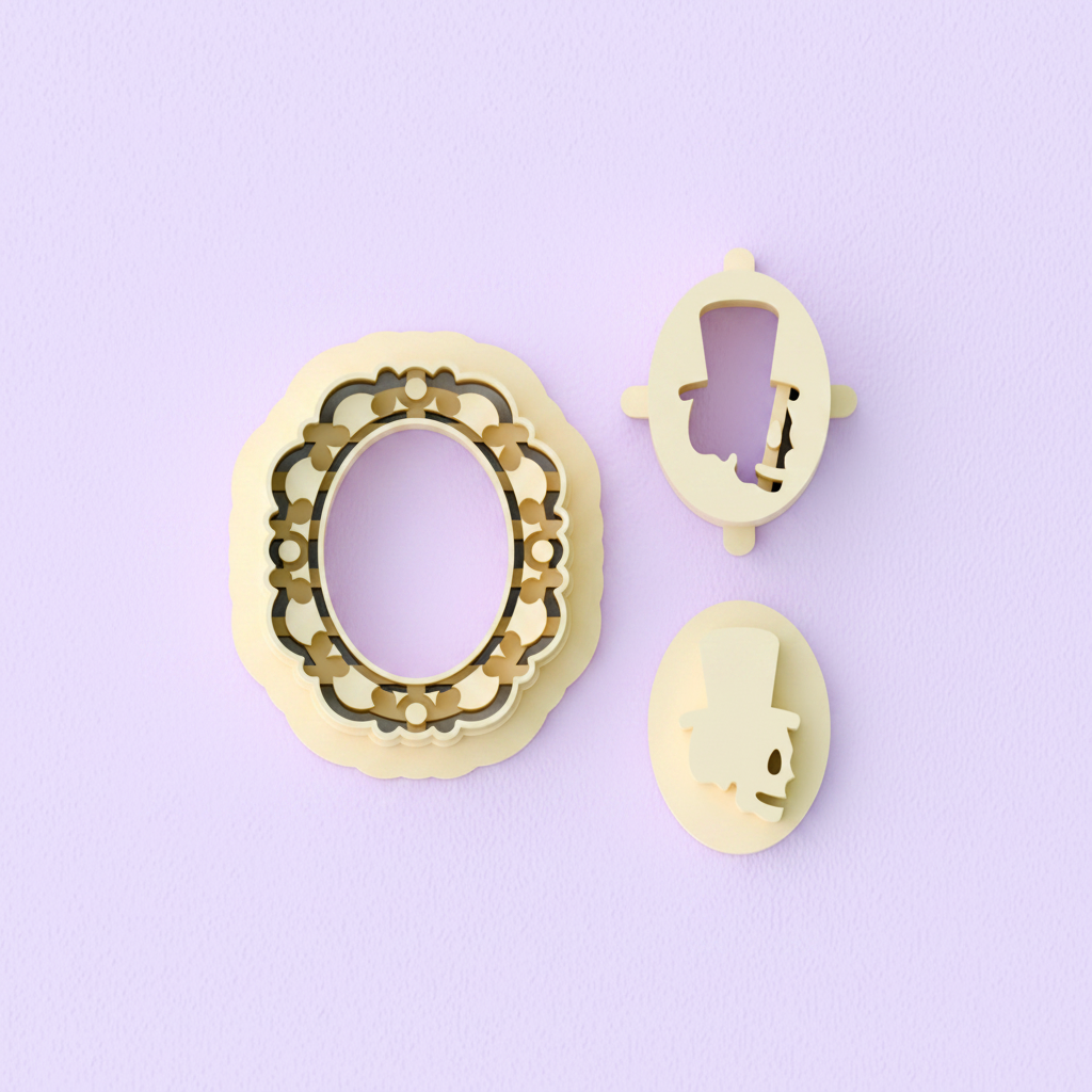 Sideways skull and cameo frame clay cutters on pastel purple background