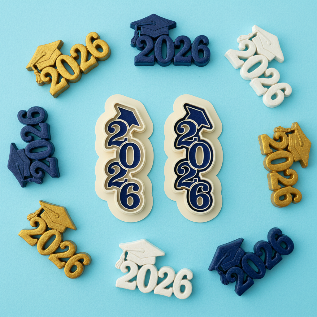 2026 graduation clay cutter set with colorful finished polymer clay charms on blue background