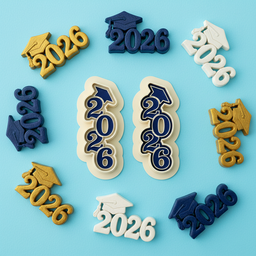 2026 graduation clay cutter set with colorful finished polymer clay charms on blue background