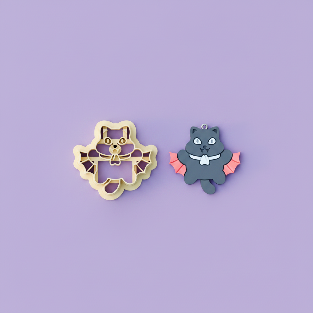 Vampire kitty clay cutter with finished polymer clay charm on purple background