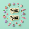 Teacher est. 2026 clay cutter set with colorful finished polymer clay charms on mint background