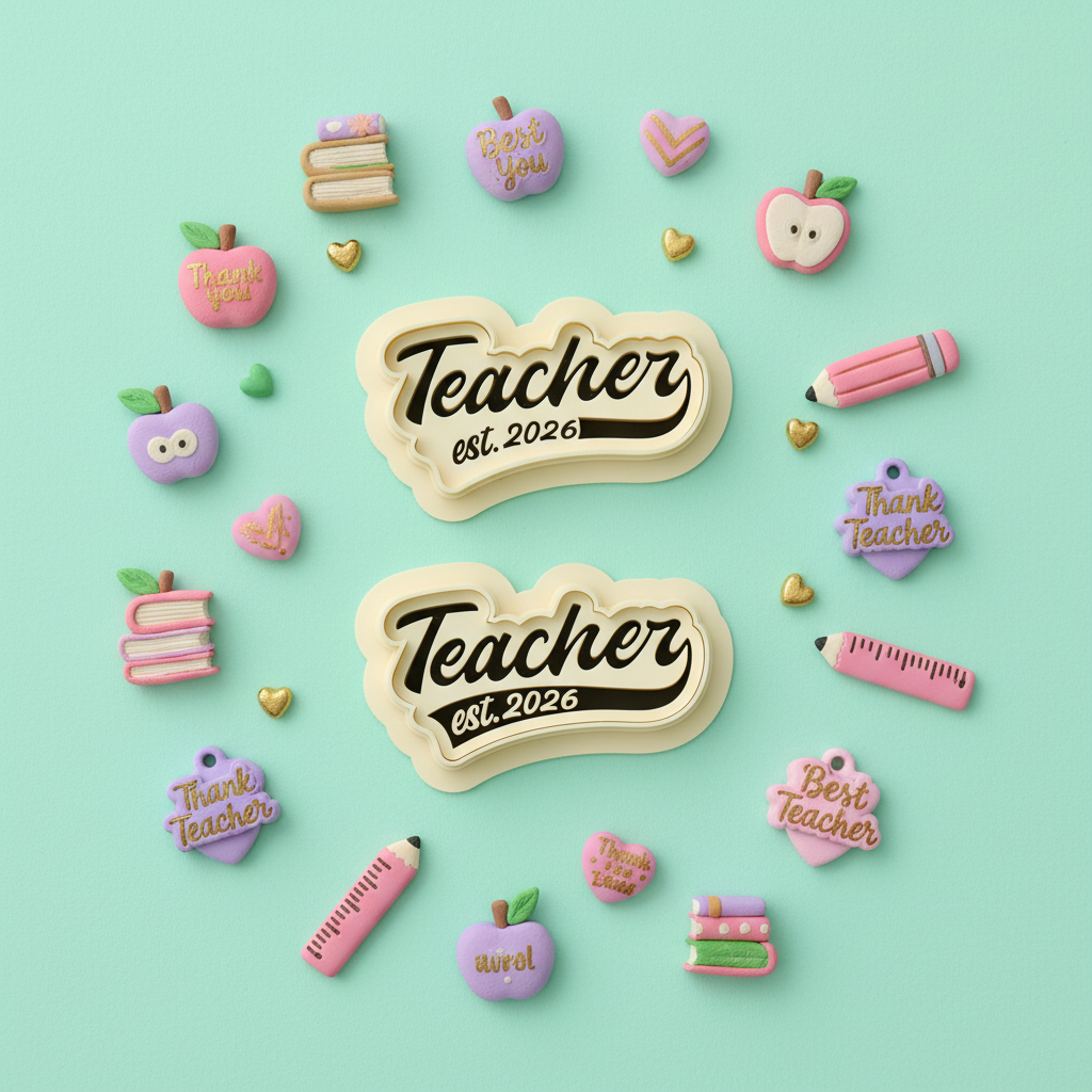 Teacher est. 2026 clay cutter set with colorful finished polymer clay charms on mint background